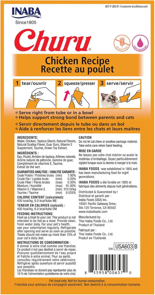 INABA Churu Cat Treats, Grain-Free, Lickable, Squeezable Creamy Purée Cat Treat/Topper with Vitamin E & Taurine, 0.5 Ounces Each Tube, 24 Tubes (4 per Pack), Chicken Recipe