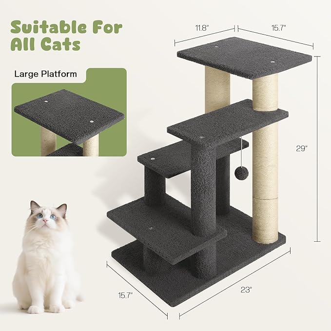 4-Step Pet Steps for Cats/Dogs, Cat Stairs with Sisal Scratching Post, Cat Steps for Older Cats with Enlarge Perch, Pet Stairs for High Bed and Couch, Gray