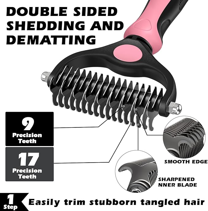 3PCS Self Cleaning Slicker Brush & Pet Grooming Rake & Flea Comb for Dogs,Cats and Horses | Double-Sided Dematting Comb & Skin Friendly Deshedding Grooming Tool | Pet Supplies (Light Pink)