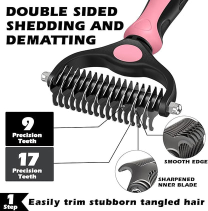 3PCS Self Cleaning Slicker Brush & Pet Grooming Rake & Flea Comb for Dogs,Cats and Horses | Double-Sided Dematting Comb & Skin Friendly Deshedding Grooming Tool | Pet Supplies (Light Pink)