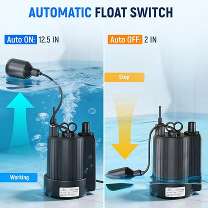 D-HONOR Sump Pump, Submersible Water Pump 1/3 HP 1600 GPH with Float Switch, Automatic Utility Pump for Pool, Pond, Garden, Flooded Basement, Aquarium, and Irrigation, with 10 Ft Power Cord