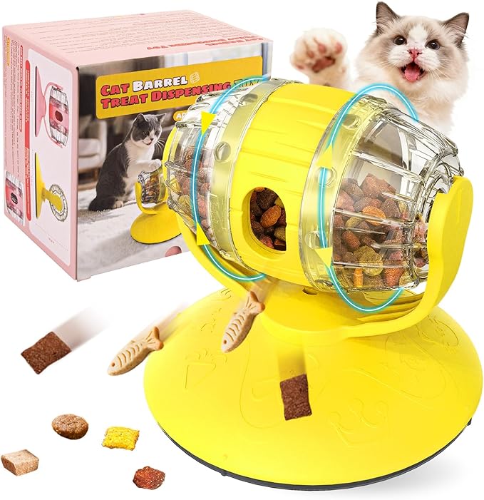 Cats Slow Feeder 4.6" High Cat & Dog Dry Food Dispenser Toy with Wine Barrel Spinner, Treat Dispenser for Boredom & Anxiety Relief, IQ Training for Small/Medium Pets (Yellow)