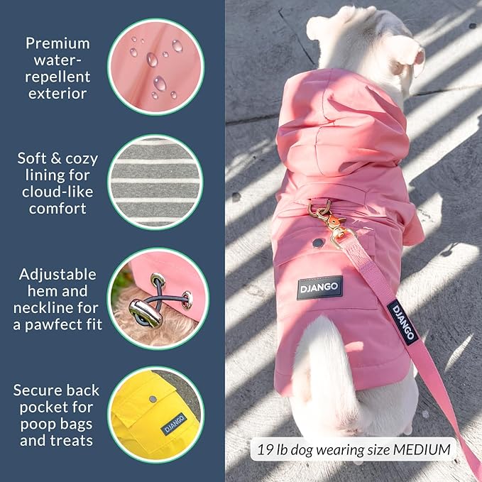 DJANGO Highland Dog Jacket & Raincoat – Water-Repellent, Lined Dog Coat with Hood, Adjustable Fit & Harness Hole – Lightweight Rain & Wind Jacket for Small & Medium Dogs up to 30 lbs (Pink, Large)