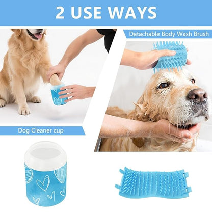 Dog Paw Cleaner Cups for Dogs Pets Foot Washer Paw Scrubber for Medium Small Dogs Cats Cleaning Cup White Hearts Sky Blue