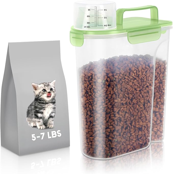 5-7Lbs/6Qt Dog Cat Storage Container Portable with Upgraded Large Spout and Cup, Plastic Pet Food Dispenser for Small Animal Kibble, Bird Seed, Oatmeal, Rice, Flour, Brown Sugart (Clear Green)