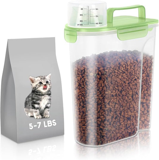5-7Lbs/6Qt Dog Cat Storage Container Portable with Upgraded Large Spout and Cup, Plastic Pet Food Dispenser for Small Animal Kibble, Bird Seed, Oatmeal, Rice, Flour, Brown Sugart (Clear Green)