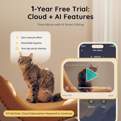 Pet Camera Treat Dispenser [1-Year Trial: Cloud + AI Features Included], 2K Dog & Cat Cam, Remote Treat Tossing, 360° Auto Tracking, 5G/2.4G WiFi Compatible, 2-Way Talk, Motion Alerts Indoor