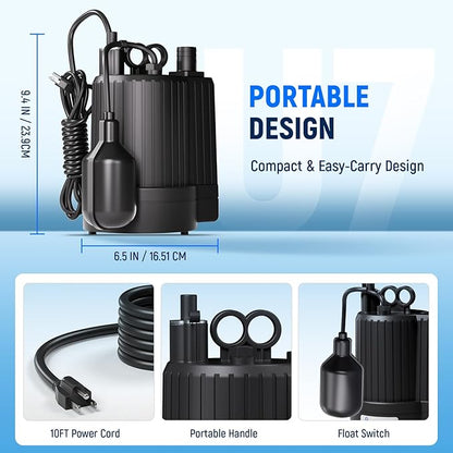 D-HONOR Sump Pump, Submersible Water Pump 1/3 HP 1600 GPH with Float Switch, Automatic Utility Pump for Pool, Pond, Garden, Flooded Basement, Aquarium, and Irrigation, with 10 Ft Power Cord