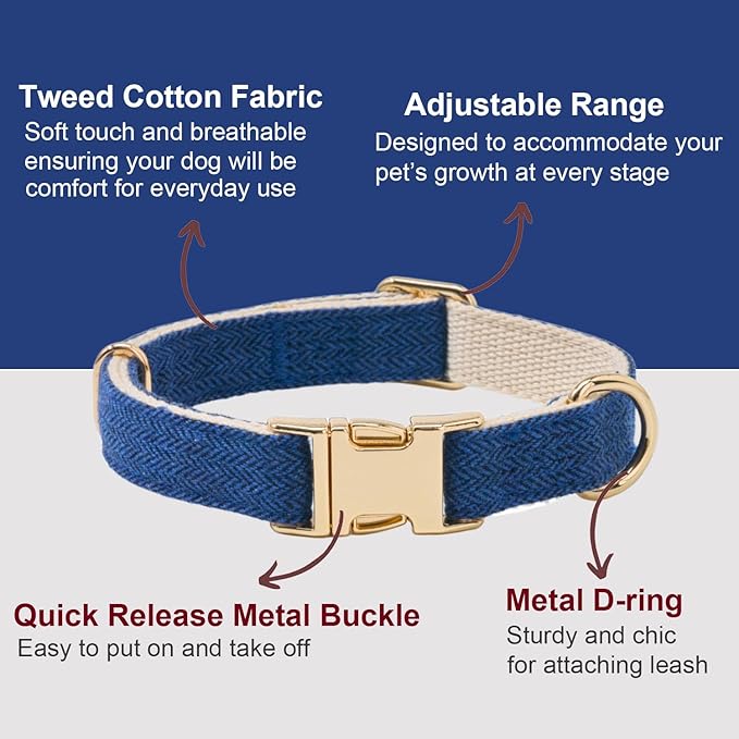 Soft Hemp Dog Collar and Leash Set Adjustable Woven Tweed Dog Collars with Metal Buckle and Lead for Small Medium Large Dogs,Royal Blue