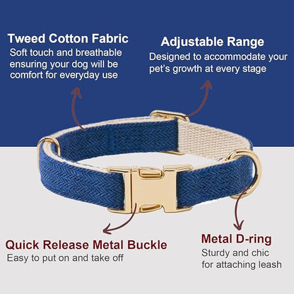 Soft Hemp Dog Collar and Leash Set Adjustable Woven Tweed Dog Collars with Metal Buckle and Lead for Small Medium Large Dogs,Royal Blue