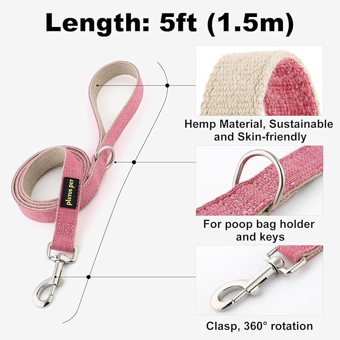 Plutus Pet Cotton Hemp Dog Collar and Leash Set, Adjustable Collar for Small, Medium, and Large Dogs, Heavy Duty and Soft on Skin, Hot Pink, M