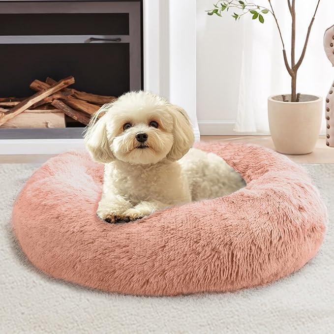 JOLLYVOGUE Small Dog & Cat Beds for Indoor Cats, Donut Cuddler Warming Soft Dog Beds with Anti-Slip Bottom, Round Calming Fluffy Plush Faux Fur Cushion Bed for Medium Dogs (31", Peach Pink)