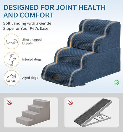 Made4Pets Dog Stairs Ramp for Bed 19.7" H, 4-Step Dog Steps for High Bed Couch Sofa Climbing, 35D Foam Pet Steps for Small Dogs and Cats, Non-Slip Bottom Pet Stairs, Navy