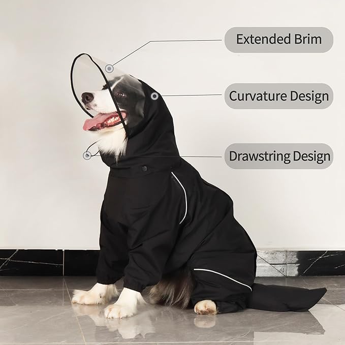 Dog Raincoat for Medium Large Dogs,rain Jacket Coat, Full Leg Coverage Waterproof Rain Suit with Detachable Hood & Tail, Reflective Strips, Snag-Free Top Zipper (Black for Boy, Large)