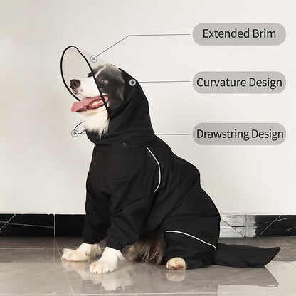 Dog Raincoat for Medium Large Dogs,rain Jacket Coat, Full Leg Coverage Waterproof Rain Suit with Detachable Hood & Tail, Reflective Strips, Snag-Free Top Zipper (Black for Boy, Large)