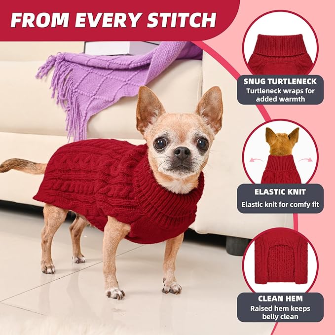 2 Pack Dog Sweaters for Small Dogs Turtleneck Pullover Cable Knit Puppy Stretch Clothes Chihuahua Yorkie Pomeranian Toy Poodle Boy Girl Pets Winter Doggie Clothes (S, Red & Green)