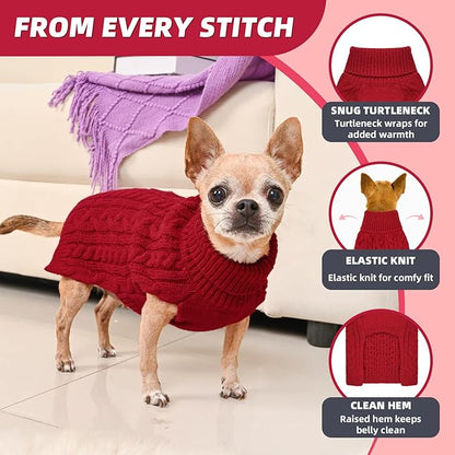 2 Pack Dog Sweaters for Small Dogs Turtleneck Pullover Cable Knit Puppy Stretch Clothes Chihuahua Yorkie Pomeranian Toy Poodle Boy Girl Pets Winter Doggie Clothes (S, Red & Green)
