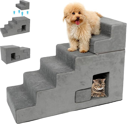 Dog Stairs for Small Dogs 27”H, 6-Step Dog Steps for High Bed, High-Density Foam Pet Stairs with Non-Slip Removable Washable Cover to Get on Bed(Grey)