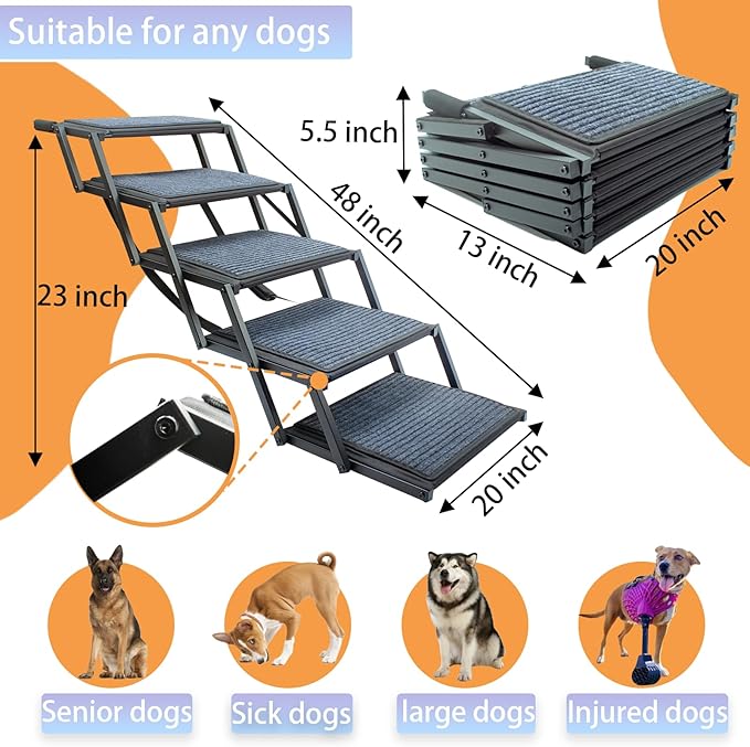 Extra Wide Dog Ramp for Car Truck and SUV Dog Stairs for Large Dogs Folding Pet Stairs with Non-Slip Rug Surface Supports Up to 280 lbs (Wide 5 Steps)