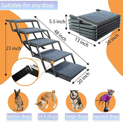 Extra Wide Dog Ramp for Car Truck and SUV Dog Stairs for Large Dogs Folding Pet Stairs with Non-Slip Rug Surface Supports Up to 280 lbs (Wide 5 Steps)