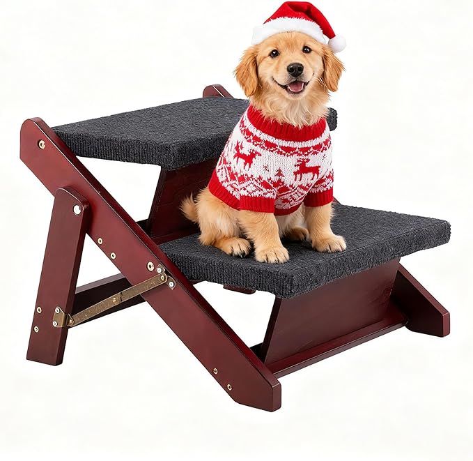 MEWANG Wooden Pet Stairs/Pet Steps - 2-in-1 Foldable Stairs & Ramp for Beds and Cars - Portable Dog/Cat Ladder Up to 110 Pounds - Great for Small and Older Animals(Brown) (Tan, 49 * 10 * 55.5, 1)
