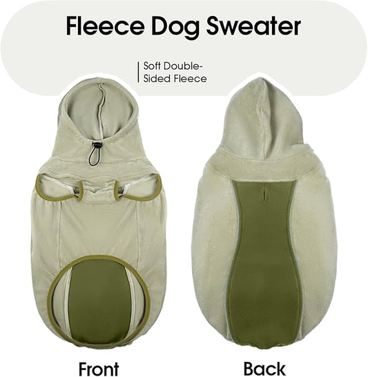 Fleece Dog Sweater - Stretch Warm Dog Fleece Jacket Vest Sweatshirt with Hood, Leash Hole, Sleeveless & Reflective - Soft Pullover Hoodie for Medium Large Dogs, Fall & Winter Walks - Green 4XL