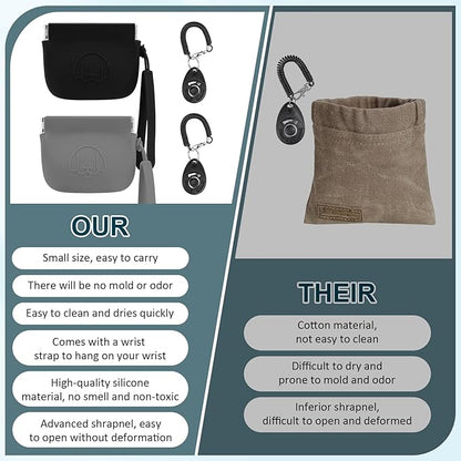 WALLFID Silicone Dog Treat Pouch Small Bag,Auto Closure,with Pet Training Clicker,Walking Bag for Dog and Cat,Pocket Size,Easy to Clean,Odorless (Dark Gray and Black)