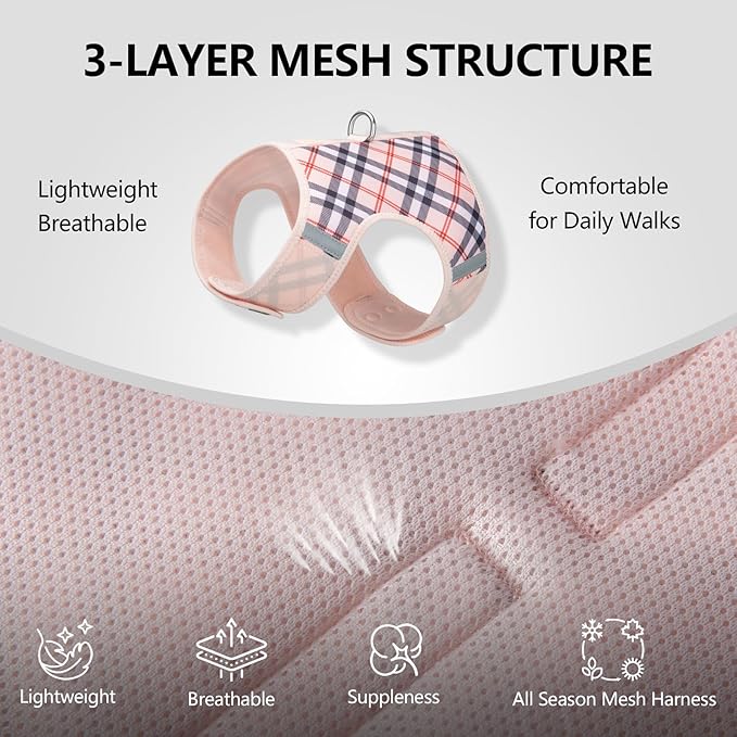 Dog Harness for Small Sized Dog,Hook-and-Loop Easy On/Off, Reflective Adjustable Soft Mesh Vest for Puppy (Checkered Beige,XXS)