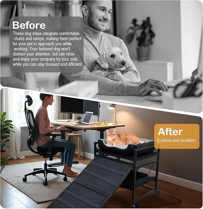 Movable Structure Pet Stairs Ramp with Cats/Dogs Chair with Ramp High Beds, Folding Pet Steps for Medium and Small Dogs, Cat Ladder, with Storage Cabinet
