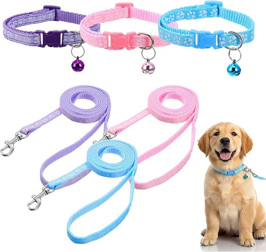 3pcs Puppy Collar and Leash Set with Bell, Adjustable Collar and Leash for Small Dogs, Paw Print Collars for Puppy Small Dogs & Tiny Kitten (Purple, Pink, Blue)