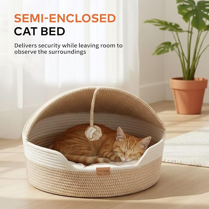 CHEERPALS Cat Basket Bed for Indoor Cats, Covered Pet Bed with Washable Cushion and Ball Rope Cotton Bed for Medium and Large Cat, All Season Universal(White)