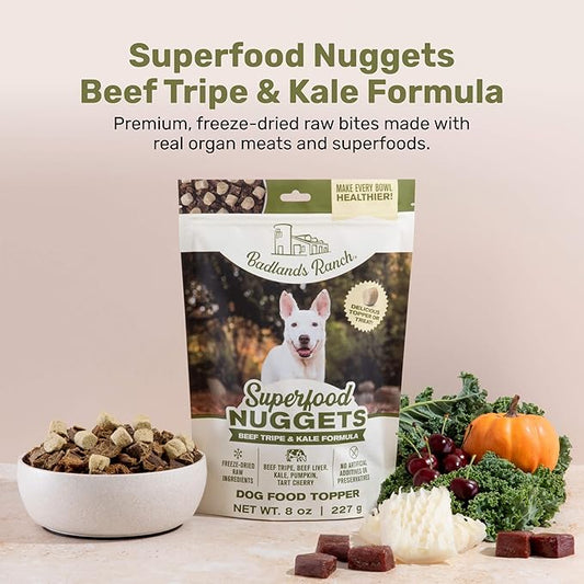 BADLANDS RANCH Superfood Nuggets – Freeze-Dried Raw Dog Treat & Food Topper, Nutrient-Dense Beef Tripe & Kale Formula, High Protein, No Artificial Additives, 8oz Bags (4-Pack Bundle)