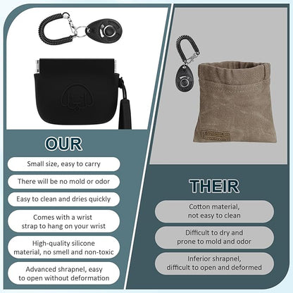 WALLFID Silicone Dog Treat Pouch, Auto Closure, with Pet Training Clicker, Walking Bag for Dog and Cat, Pocket Size, Easy to Clean, Odorless, Travel Bag (Black)