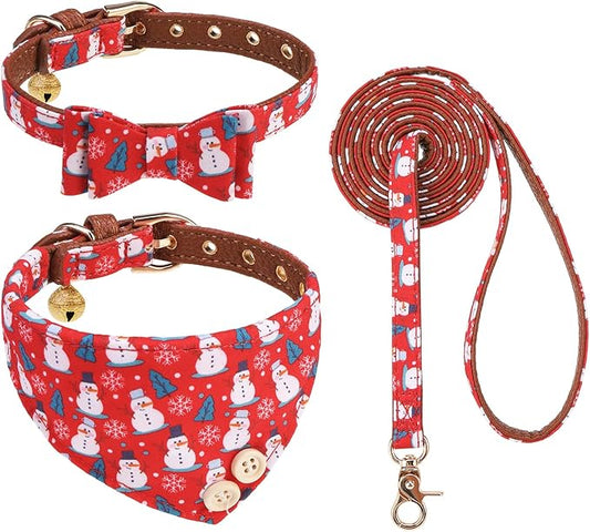 KOOLTAIL Christmas Dog Collar and Leash Set with Bowtie and Bells - Puppy Collar and Leash for Boy Girl with Snowman Matching Pattern, Soft Leather Tangle Free Leashes for Small Dogs,Cats