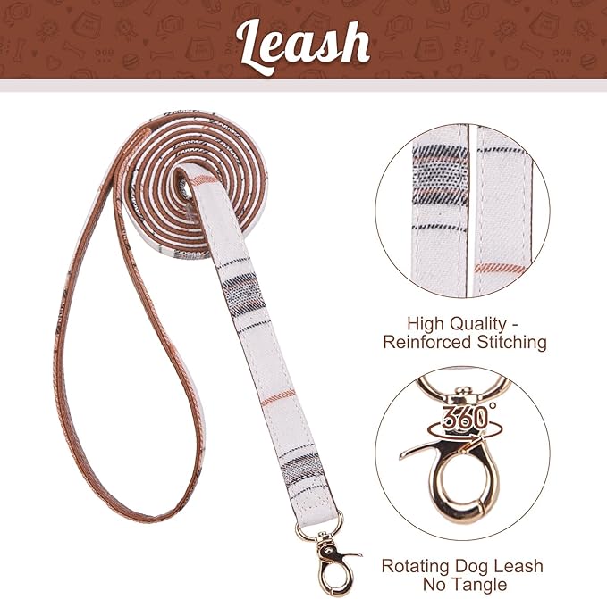 EXPAWLORER Puppy Collar and Leash Set - Classic Plaid Small Dog Collar with Bow Tie, Cute Dog Collar and Leash Set, Adjustable Dog Collar for Small Dogs Cats Holiday Birthday Gifts, Beige Small