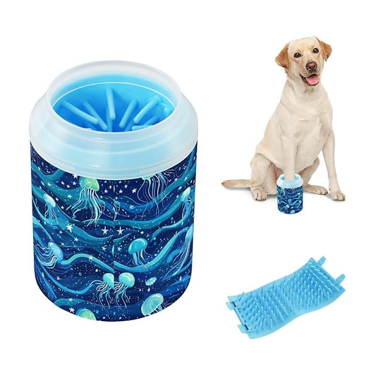 Dog Paw Cleaner Cups for Dogs Pets Foot Washer Paw Scrubber for Medium Small Cats Dogs Cleaning Cup Sea Wave Jellyfish and Stars Blue