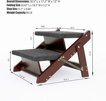 MEWANG Wooden Pet Stairs/Pet Steps - 2-in-1 Foldable Stairs & Ramp for Beds and Cars - Portable Dog/Cat Ladder Up to 110 Pounds - Great for Small and Older Animals(Brown) (Tan, 49 * 10 * 55.5, 1)