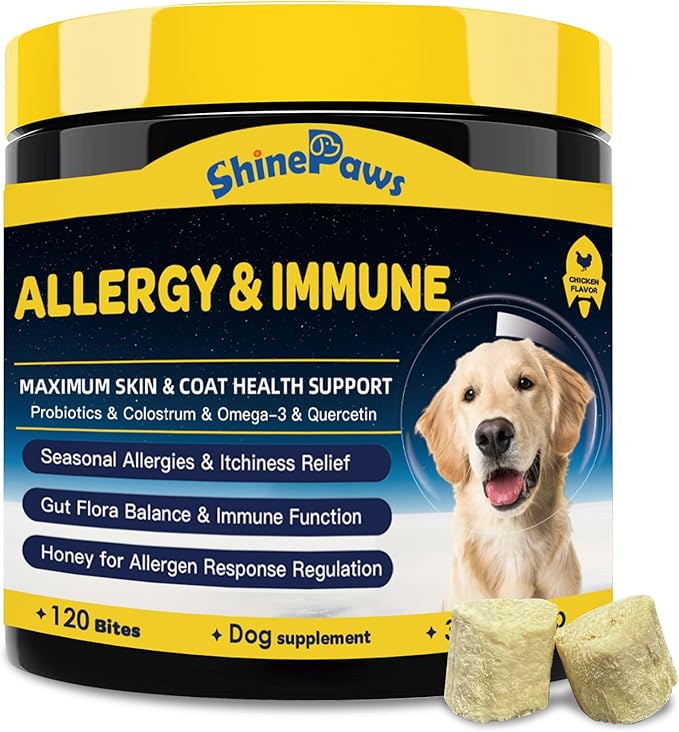 Dog Allergy Relief Chews, Itch Relief for Dogs, Colostrum, Probiotics for Dogs Support Immunity, Omega 3, Honey for Dry & Itchy Skin Relief, Seasonal Allergy, Pawlicking, Hot Spot Treatment, 120 Bites