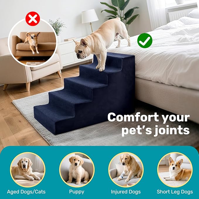 Dog Stairs for Bed, Extra Wide 5-Step Dog Steps for High Bed, High-Density Foam Pet Stairs with Non-Slip Removable Washable Cover for Small Pets, 23" H, Navy