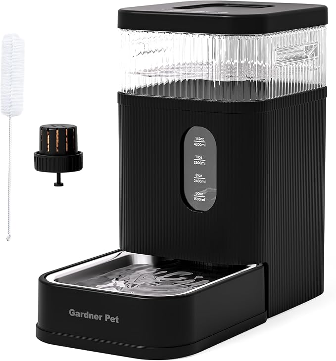 Gardner Pet 2.2 Gallon Automatic Dog Water Bowl Dispenser 8.5L Gravity Water Feeder with Stainless Steel Bowl & Maifan Stone Filter, BPA-Free for for Cats and Dogs (Black, 2.2 Gallon)