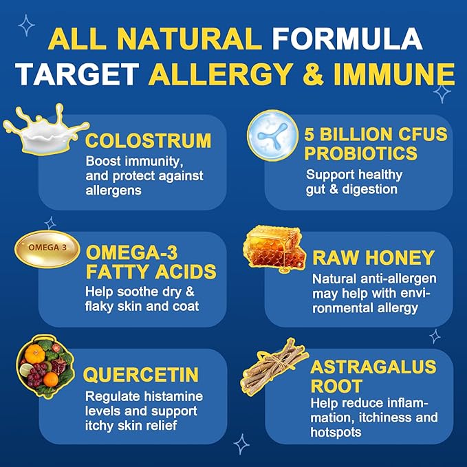 Dog Allergy Relief Chews, Itch Relief for Dogs, Colostrum, Probiotics for Dogs Support Immunity, Omega 3, Honey for Dry & Itchy Skin Relief, Seasonal Allergy, Pawlicking, Hot Spot Treatment, 120 Bites