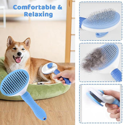 7pcs Pet Grooming Kit, Self-Cleaning Brush Shedding Kit with Nail Clipper, Flea Comb, Shampoo Bath Brush, Finger Toothbrush, Storage Bag (Blue)
