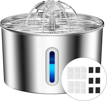Cat Water Fountain Stainless Steel - 74oz/2.2L Corded Pet Water Dispenser Automatic Silent Cats Dispenser for Drinking Inside Indoor Metal Kitty Spout Fountain with 6 Filters & 6 Sponges