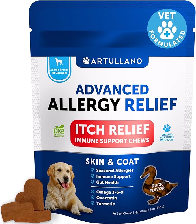 Dog Allergy Relief Chews - Itching Skin Relief for Dogs - Fish Oil - Omega 3 - Seasonal Allergies Pills - Skin & Coat, Anti Itch, Hot Spots Treatment - Canine Immune Health Supplement - 70 Soft Treats