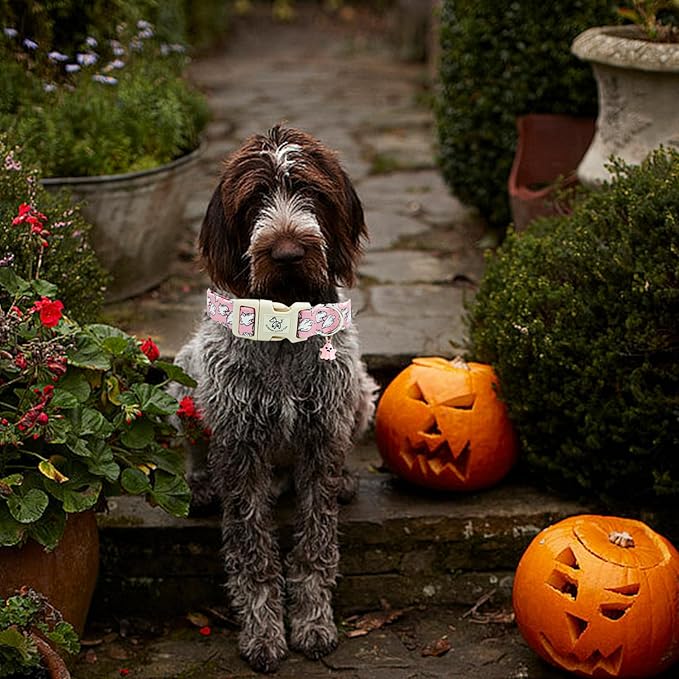 Elegant little tail Halloween Dog Collar, Ghosts Print Pink Halloween Pet Collars Cotton Soft Sturdy Puppy Collars Holiday Female Adjustable Collar for Small Dogs