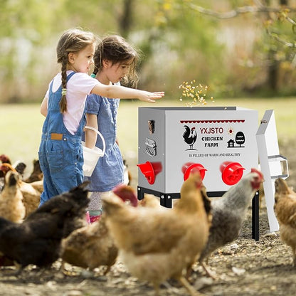 YXJSTO 40LB 6 Ports Large Automatic Chicken Feeder, No-Waste Metal Poultry Feeder, Chicken Feeder Box with Adjustable Legs & Locking Lid