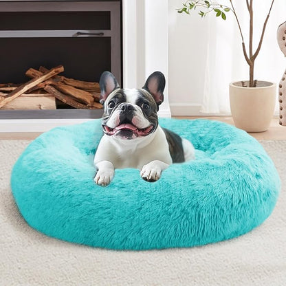 JOLLYVOGUE Small Dog & Cat Beds for Indoor Cats, Donut Cuddler Warming Soft Dog Beds with Anti-Slip Bottom, Round Calming Fluffy Plush Faux Fur Cushion Bed for Medium Dogs (31", Aqua Blue)