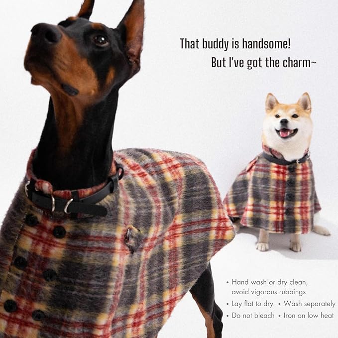 Dog Wool-Blend Luxury Cloak, Timeless Warm Plaid Coat Winter Fall Clothes Outfit Clothing Fits Small & Large Breeds Christmas Valentine Gift (Crimson,XS)