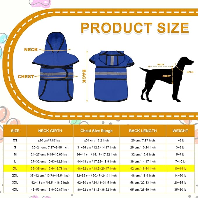 Dog Raincoat, Dog Rain Jacket Waterproof Jacket Reflective Adjustable Hooded Pet Rain Coat with Leash Hole, (Blue, XL), Intended for Large Medium Small Puppies