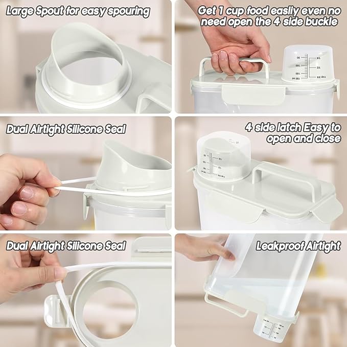 LEAWALK 5-7Lbs Cat Dog Storage Container, Portable Pet Food Containers with Upgraded Large Spout and Cup, Small Animal Kibble Dispenser for Bird Seed, Oatmeal, Rice, Flour (White & Black)